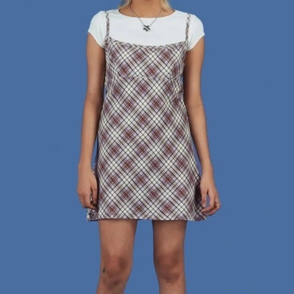 UNIF Lily Plaid Mini Dress Large Purple 90s Grunge Spaghetti Strap Slip Y2Kβ